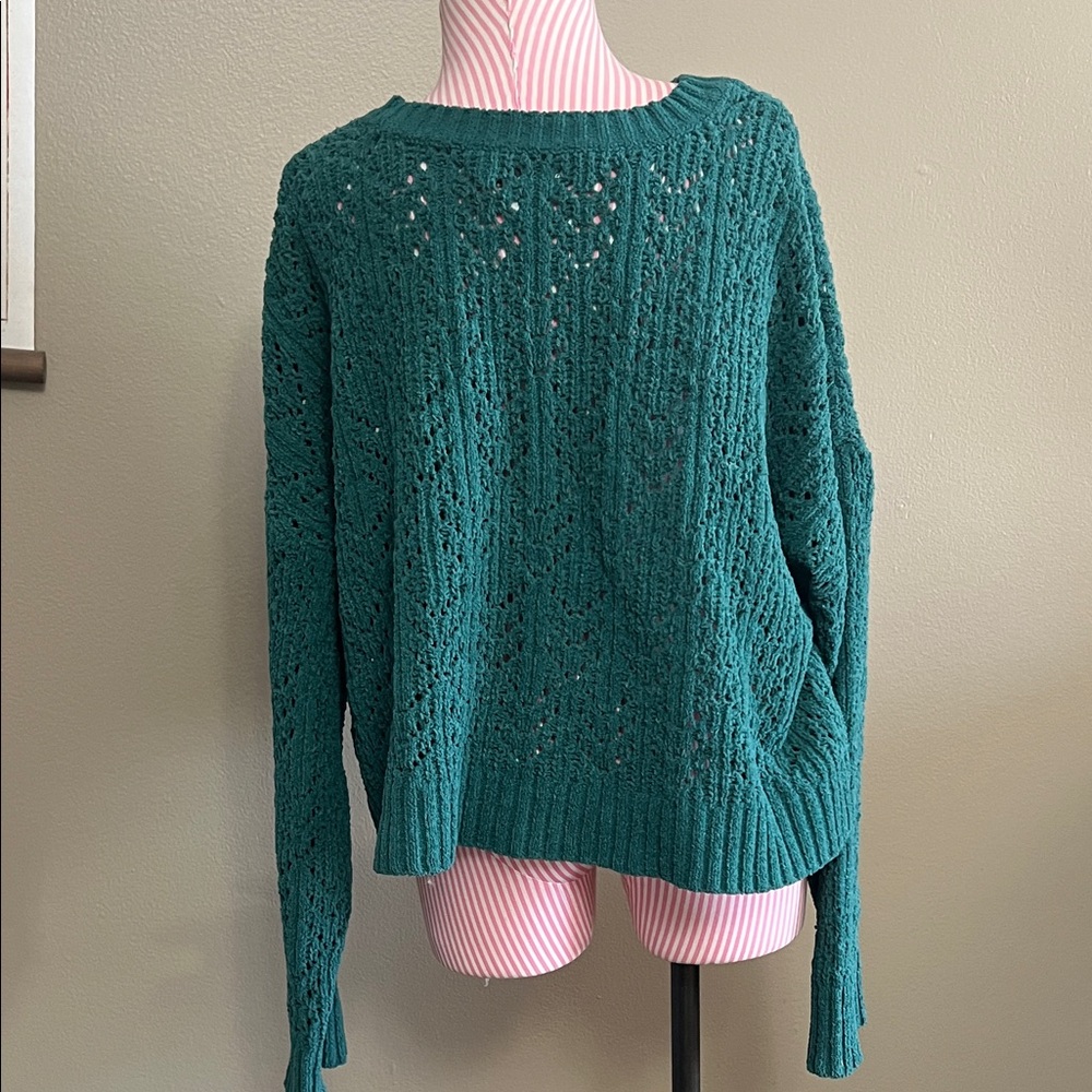 American Eagle Outfitters Teal Forest Green Eyelet Crew Neck Sweater - L - Picture 3 of 7